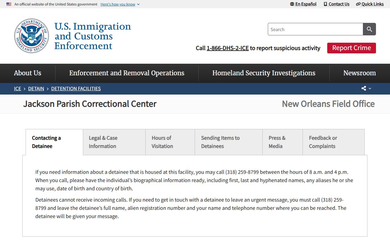 ICE Jackson Parish Correctional Center detention facility page