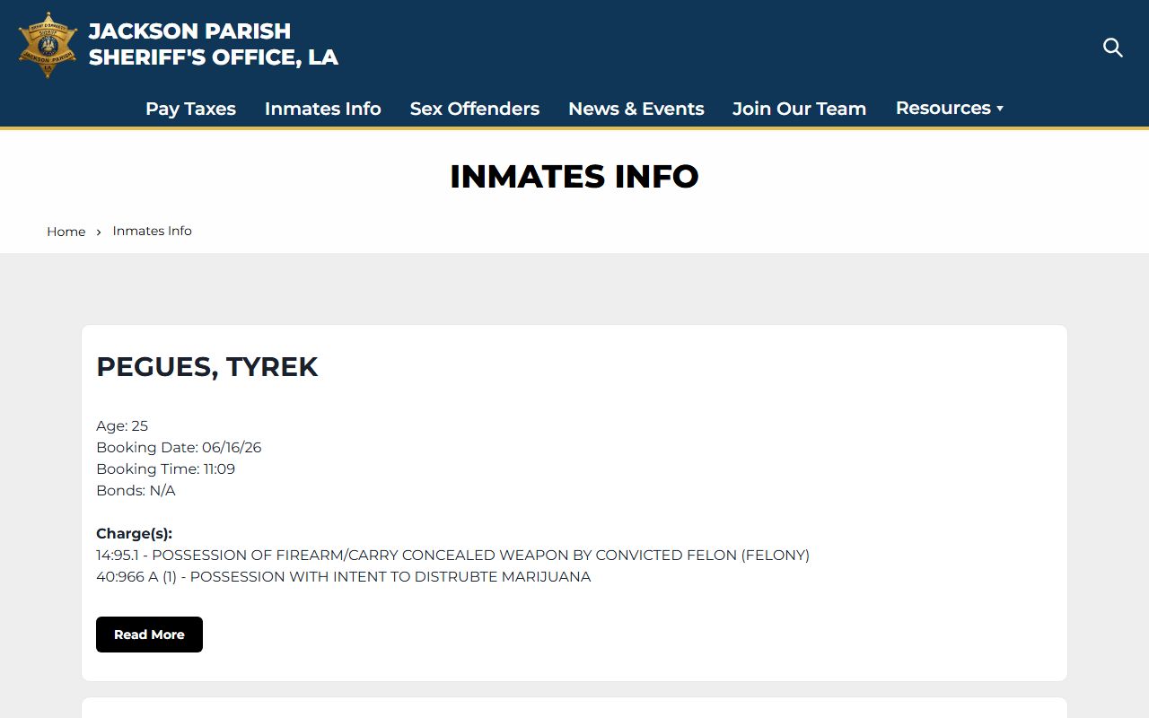 Jackson Parish County inmate roster search page